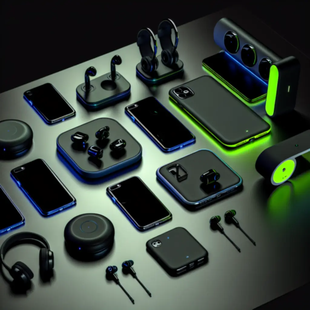 Nowoczesne akcesoria technologiczne: etui, ładowarki, słuchawki i organizery na ciemnym tle