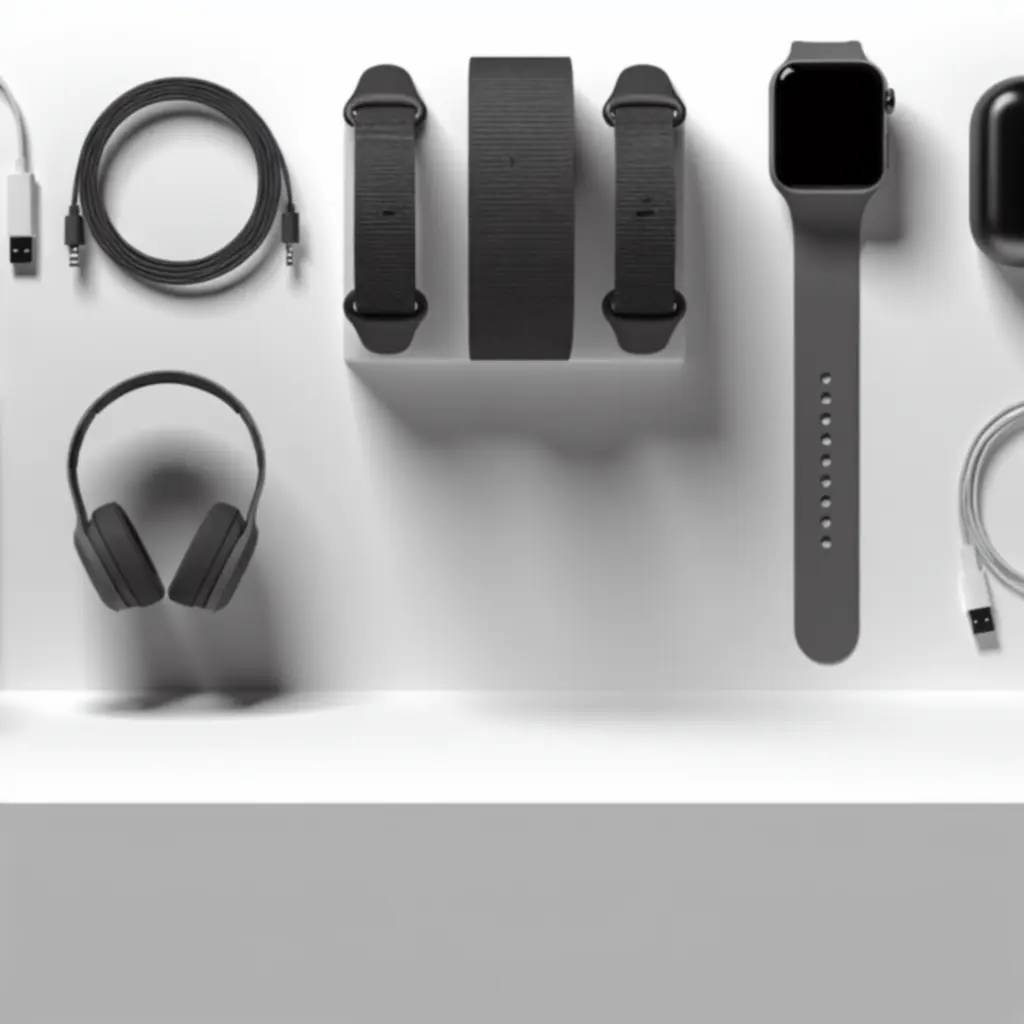 Siatka najpopularniejszych akcesoriów: słuchawki, etui, ładowarki i organizery na ciemnym tle